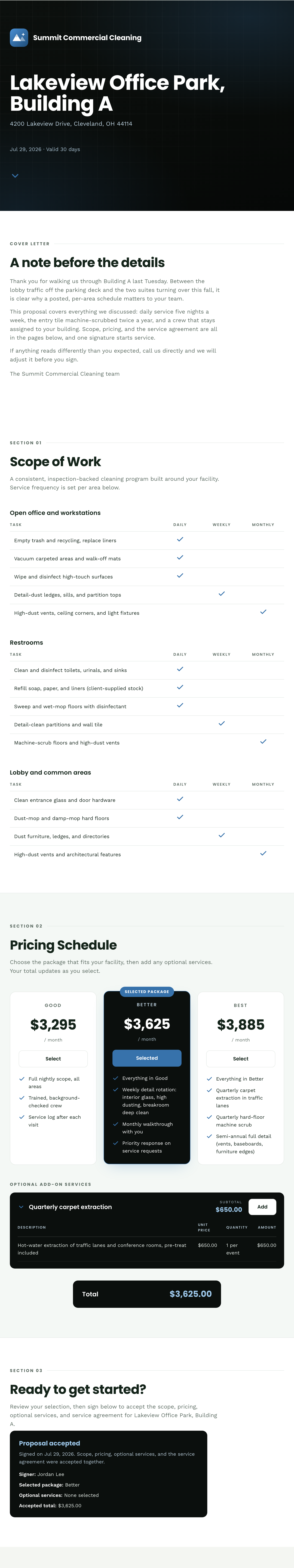 Sample Outscoped proposal document, cover through scope, pricing, service agreement and signature