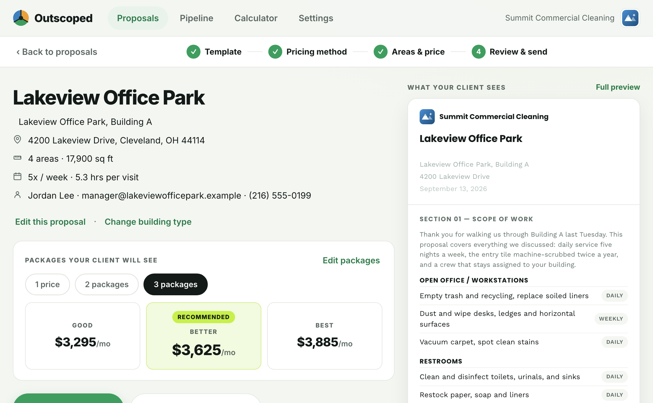 Outscoped review step, client, scope and the three package prices before sending